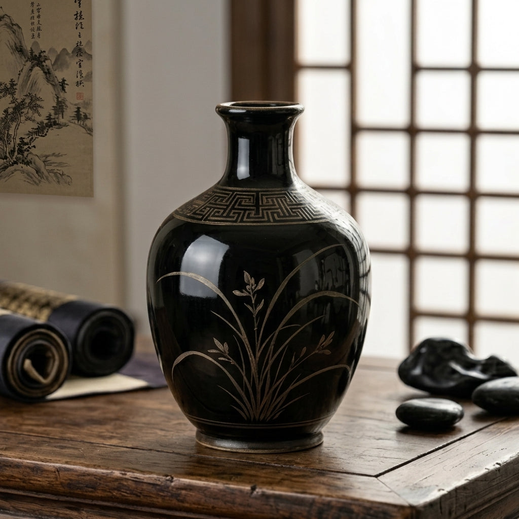 Obsidian Black Ceramic Orchid Vase