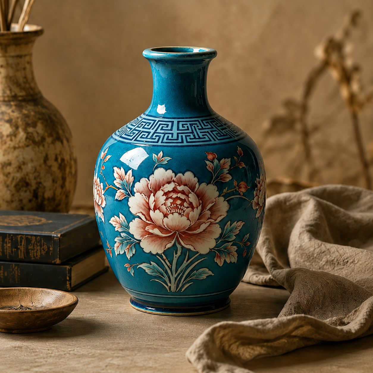 Cerulean Blue Peony Ceramic Bottle Vase