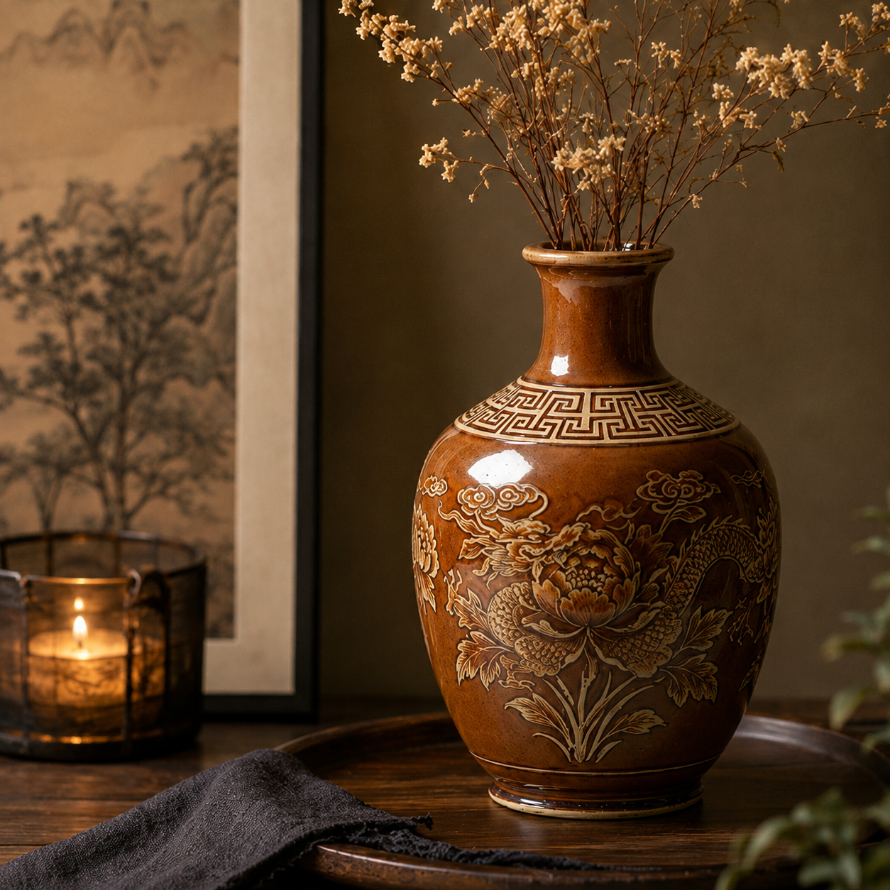 Chestnut Dragon and Peony Relief Ceramic Vase