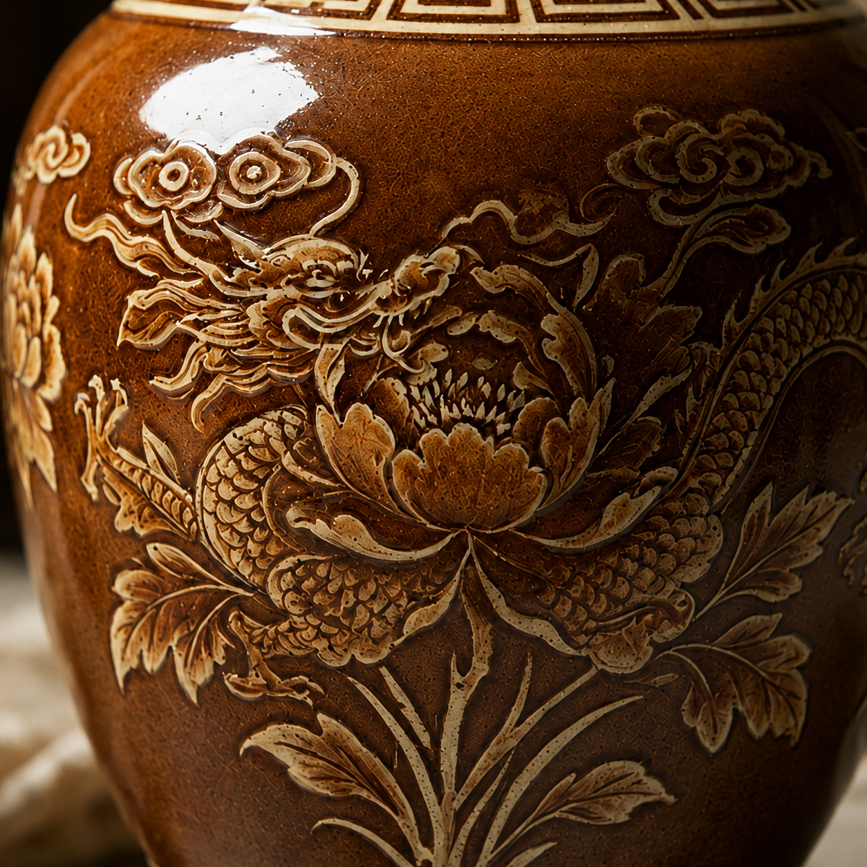 Chestnut Dragon and Peony Relief Ceramic Vase