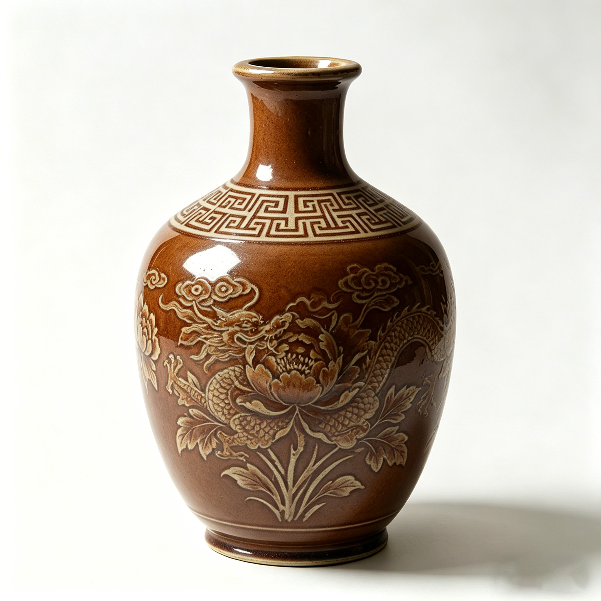 Chestnut Dragon and Peony Relief Ceramic Vase