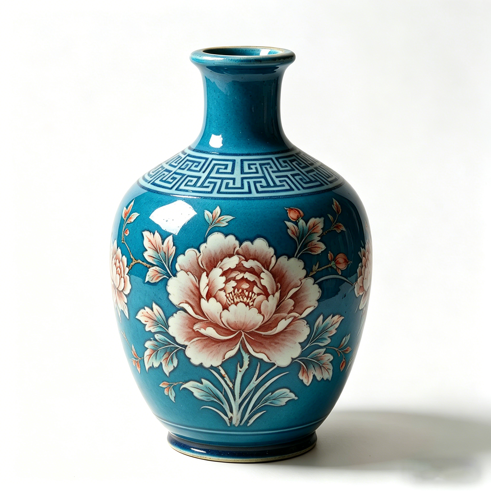 Cerulean Blue Peony Ceramic Bottle Vase