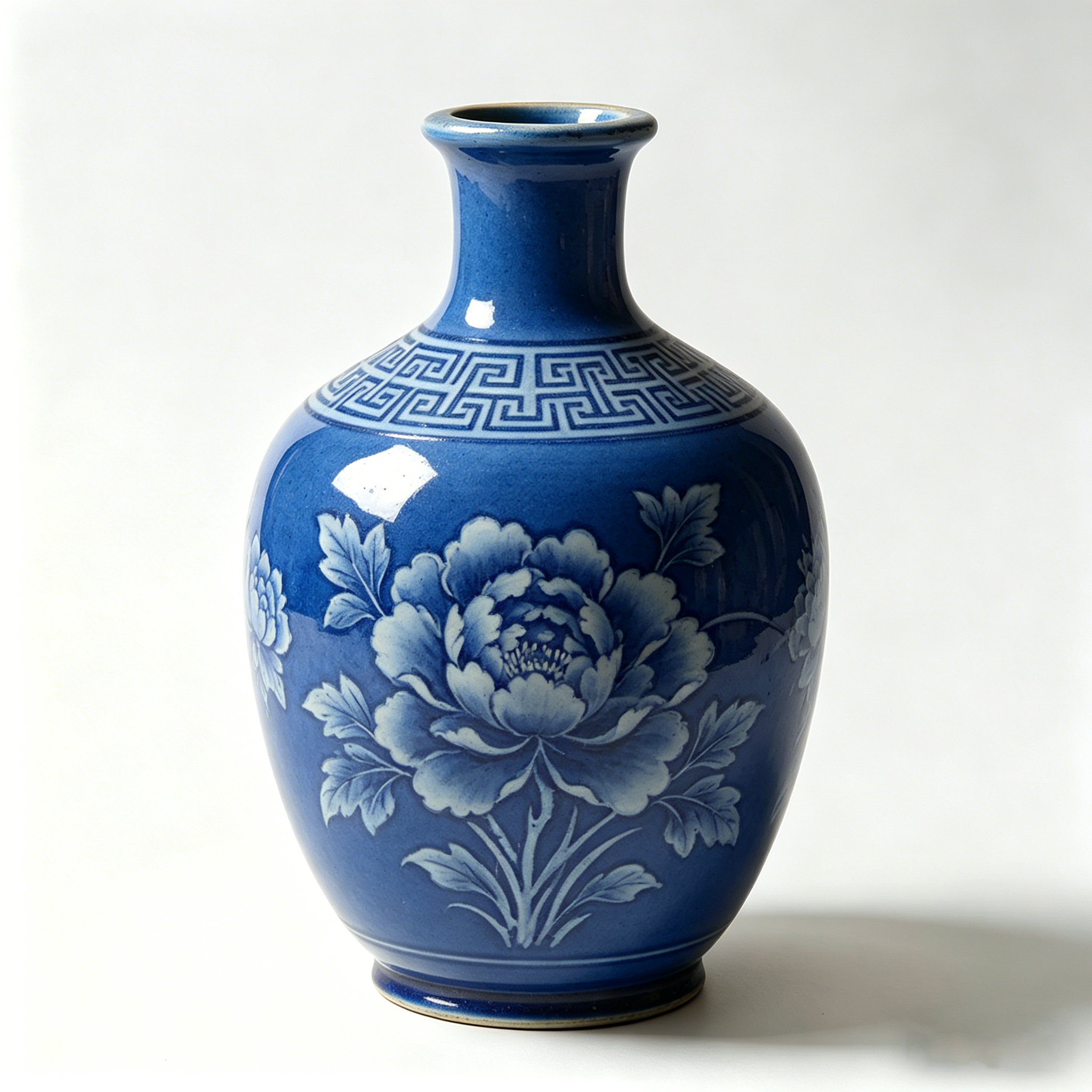 Cobalt Blue Peony Ceramic Bottle Vase