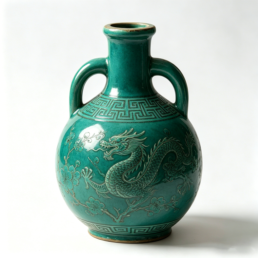 Emerald Dragon Relief Ceramic Amphora Vase
