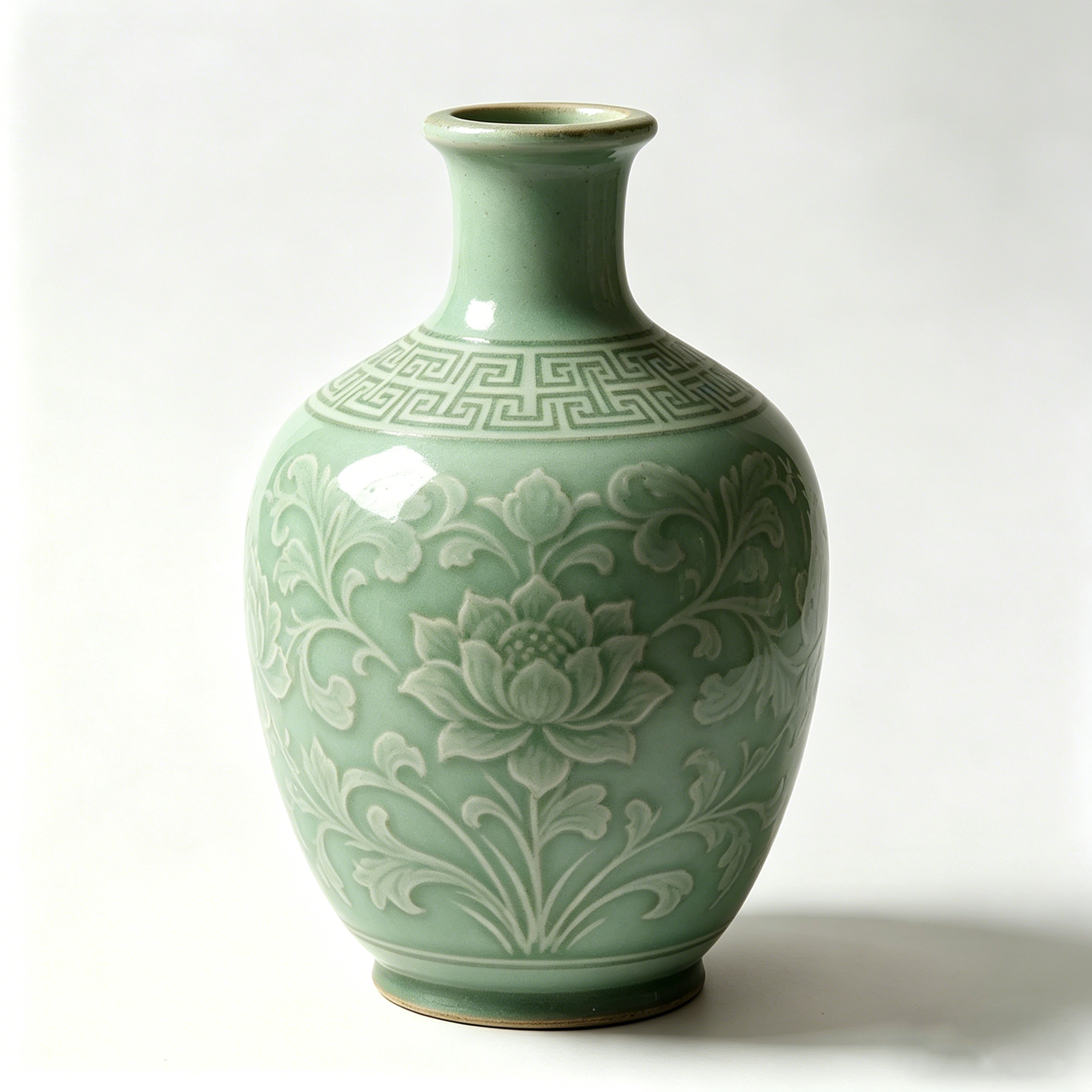 Vintage Celadon Lotus Relief Bottle Vase