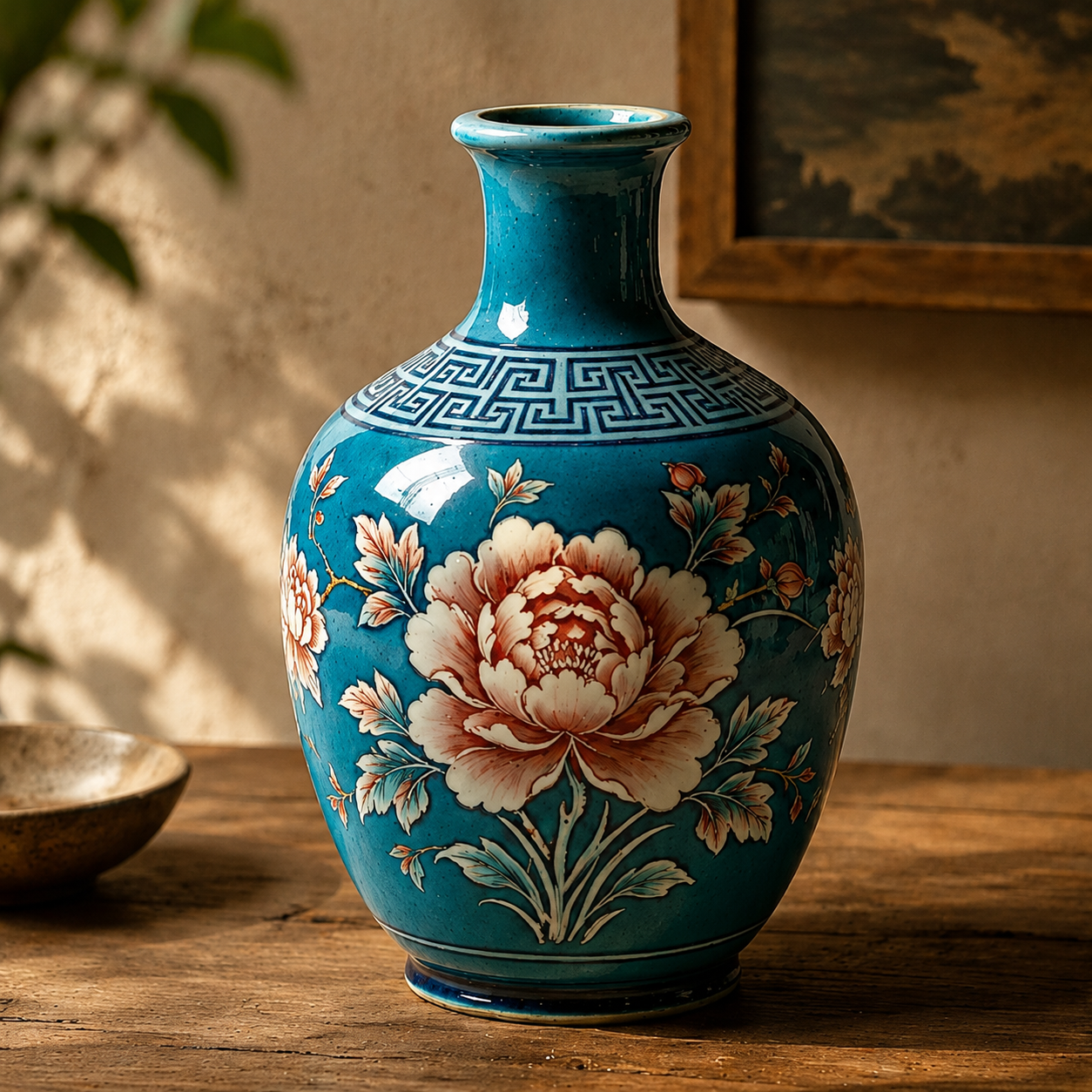 Cerulean Blue Peony Ceramic Bottle Vase