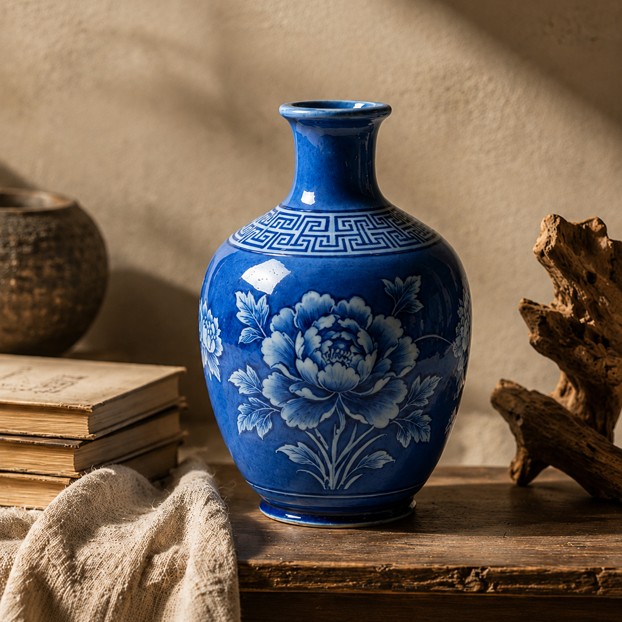 Cobalt Blue Peony Ceramic Bottle Vase