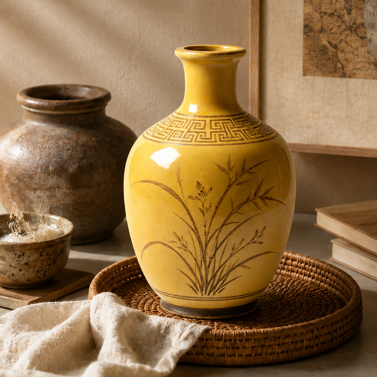 Mustard Yellow Botanical Ceramic Vase