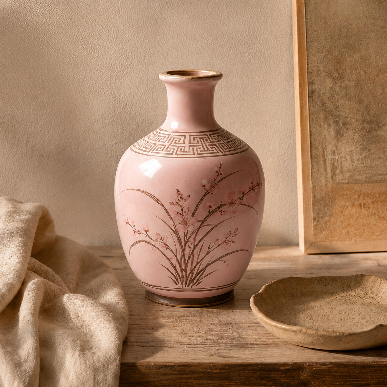 Vintage Pink Orchid Ceramic Bottle Vase