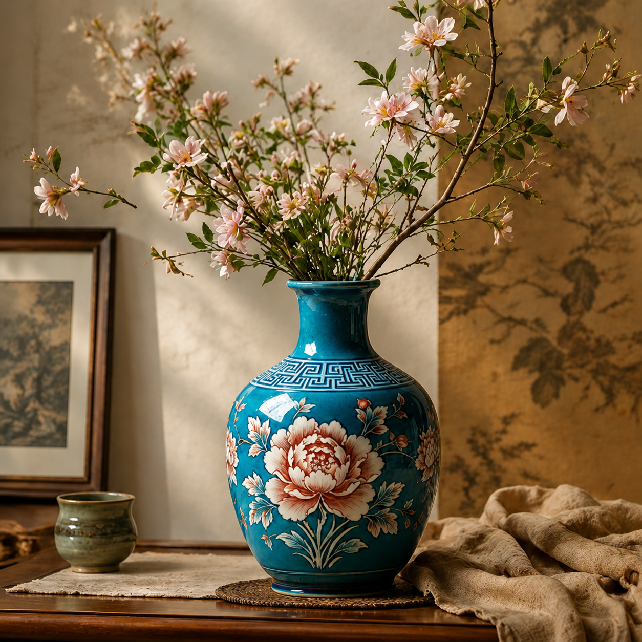 Cerulean Blue Peony Ceramic Bottle Vase