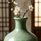 Vintage Celadon Lotus Relief Bottle Vase