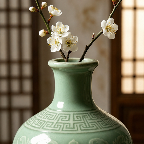 Vintage Celadon Lotus Relief Bottle Vase