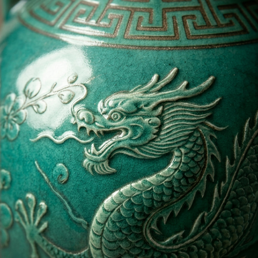 Emerald Dragon Relief Ceramic Amphora Vase