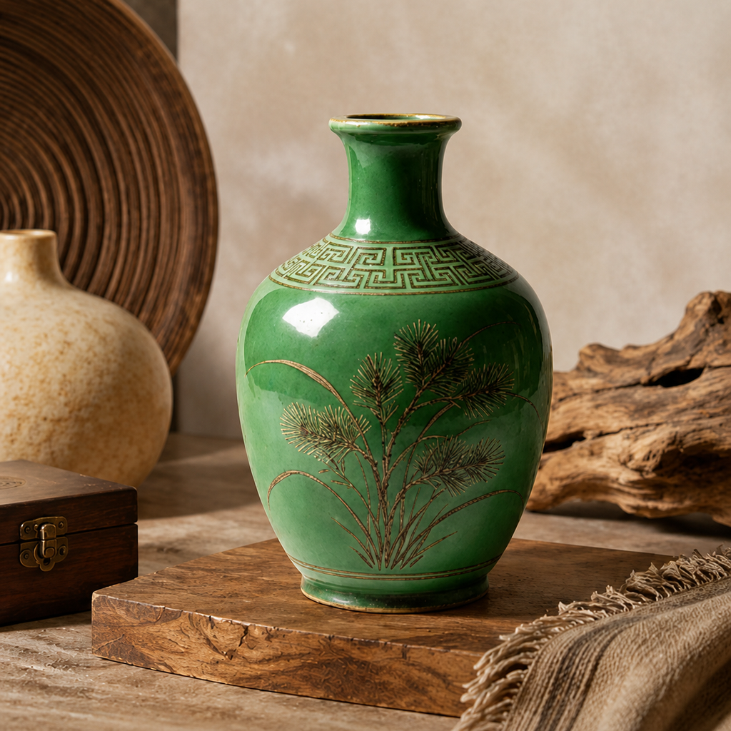 Jade Green Pine Ceramic Bottle Vase