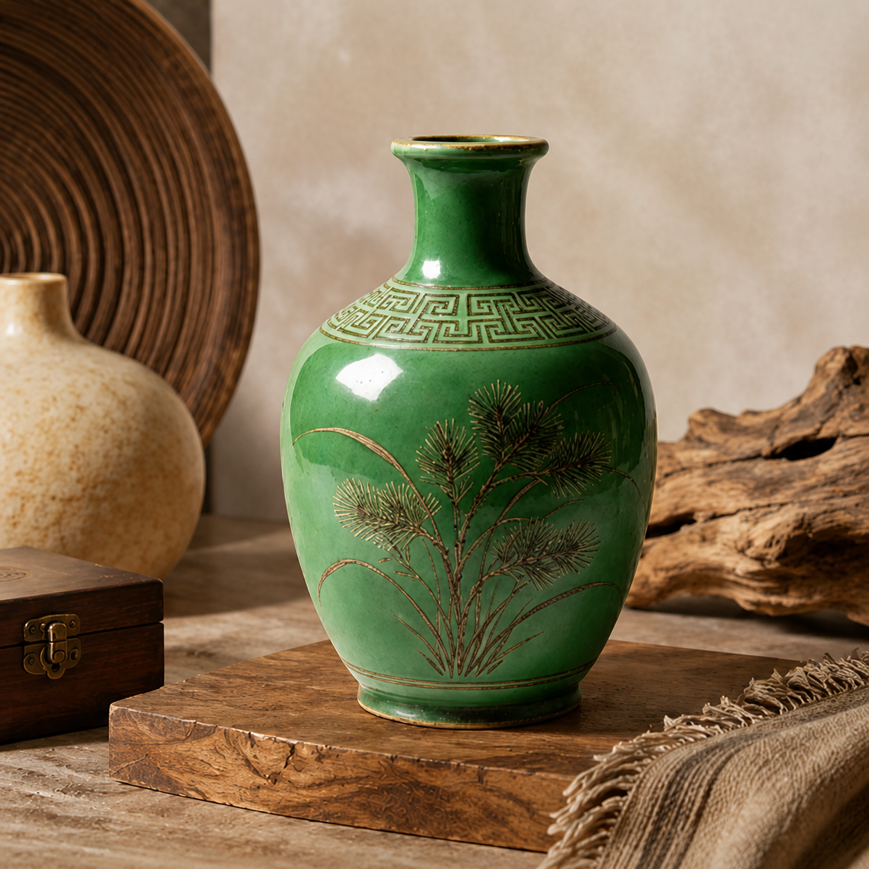 Jade Green Pine Ceramic Bottle Vase