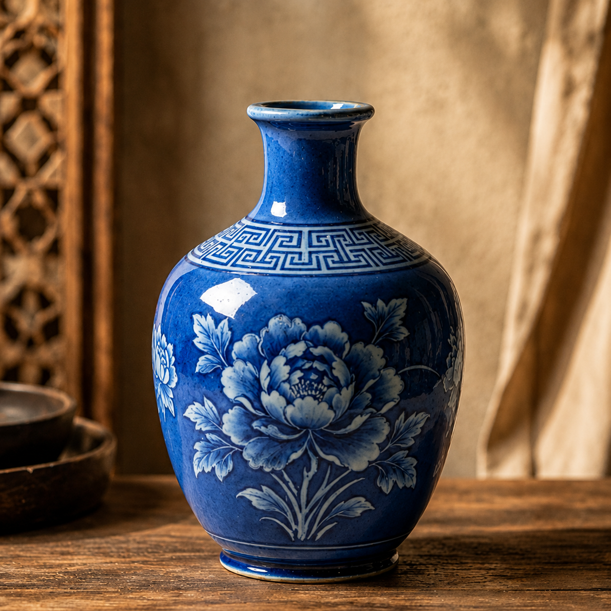 Cobalt Blue Peony Ceramic Bottle Vase