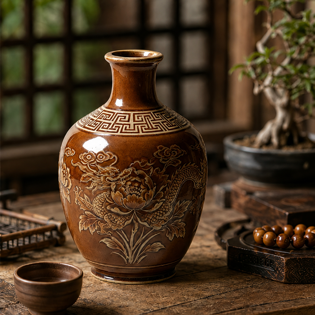 Chestnut Dragon and Peony Relief Ceramic Vase