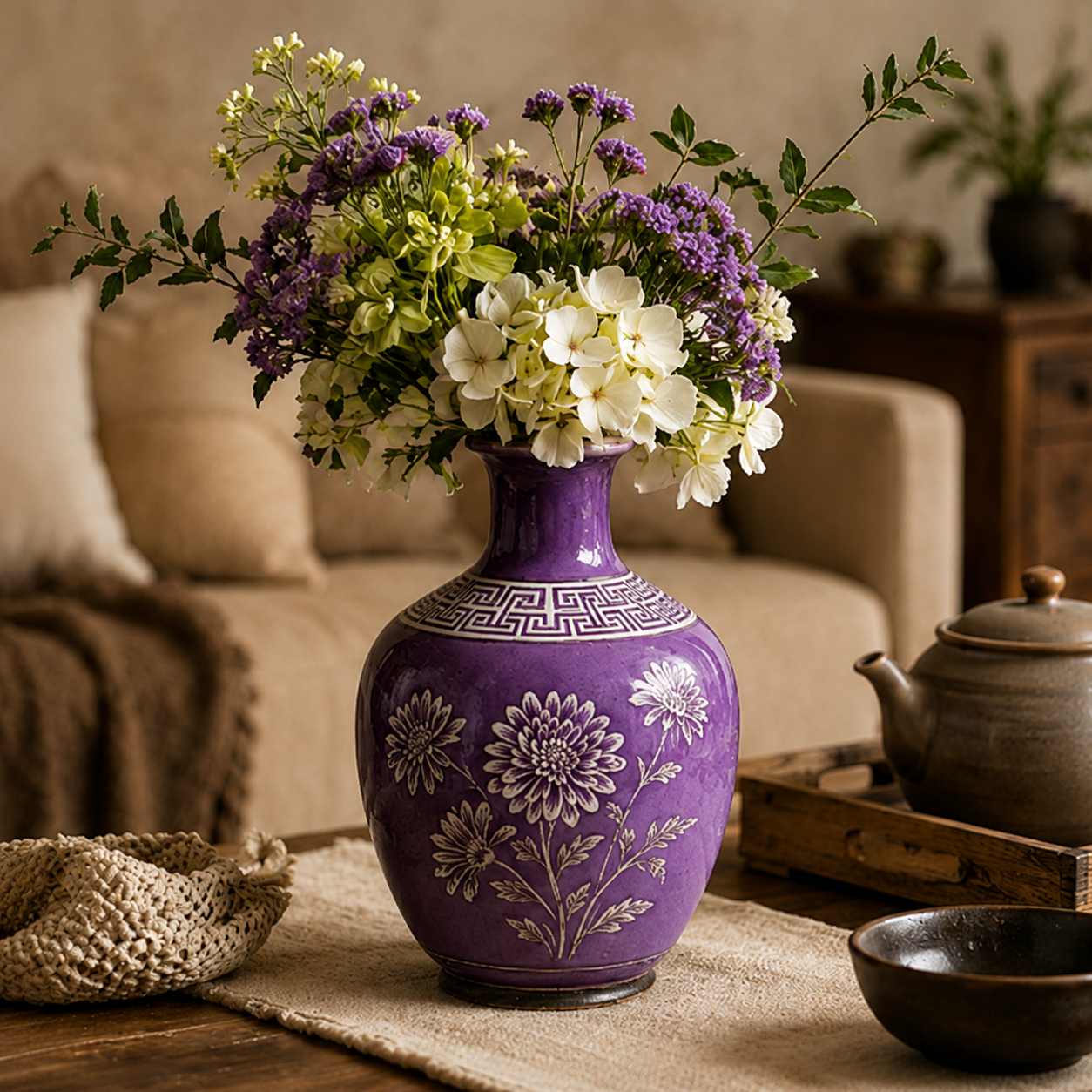 Amethyst Chrysanthemum Ceramic Bottle Vase