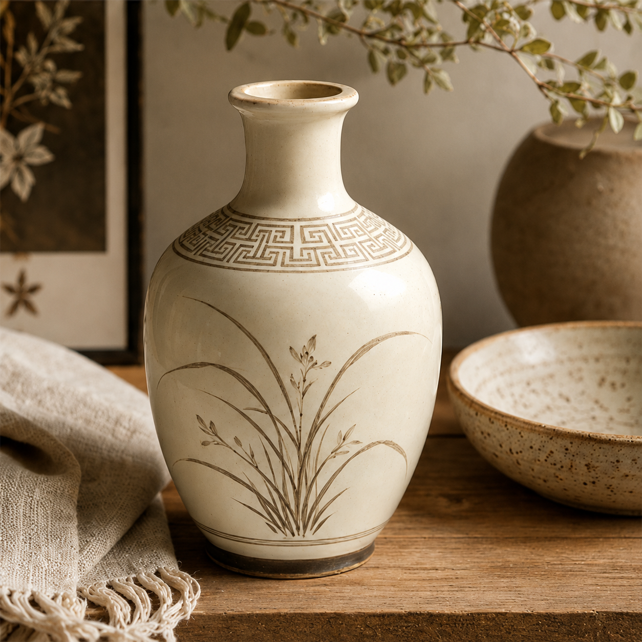 Ivory Sepia Orchid Ceramic Bottle Vase