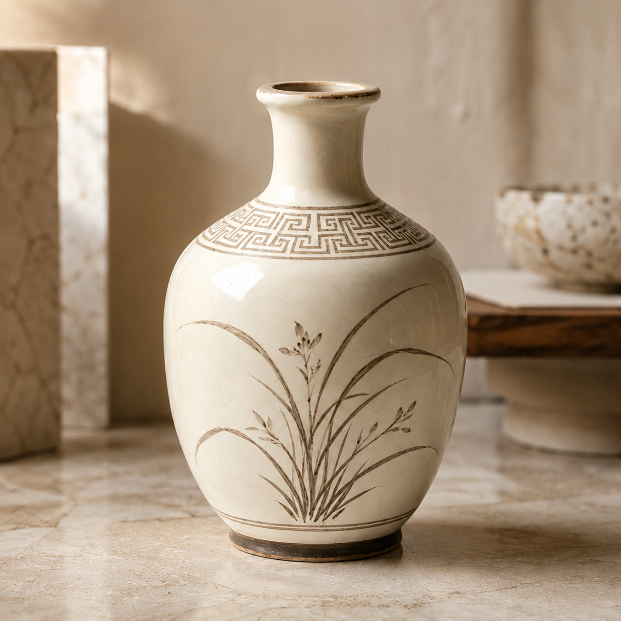 Ivory Sepia Orchid Ceramic Bottle Vase
