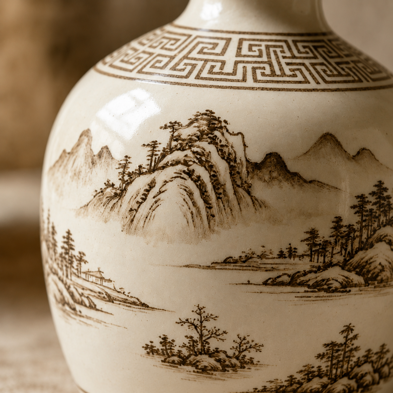 Vintage Sepia Landscape Ceramic Bottle Vase