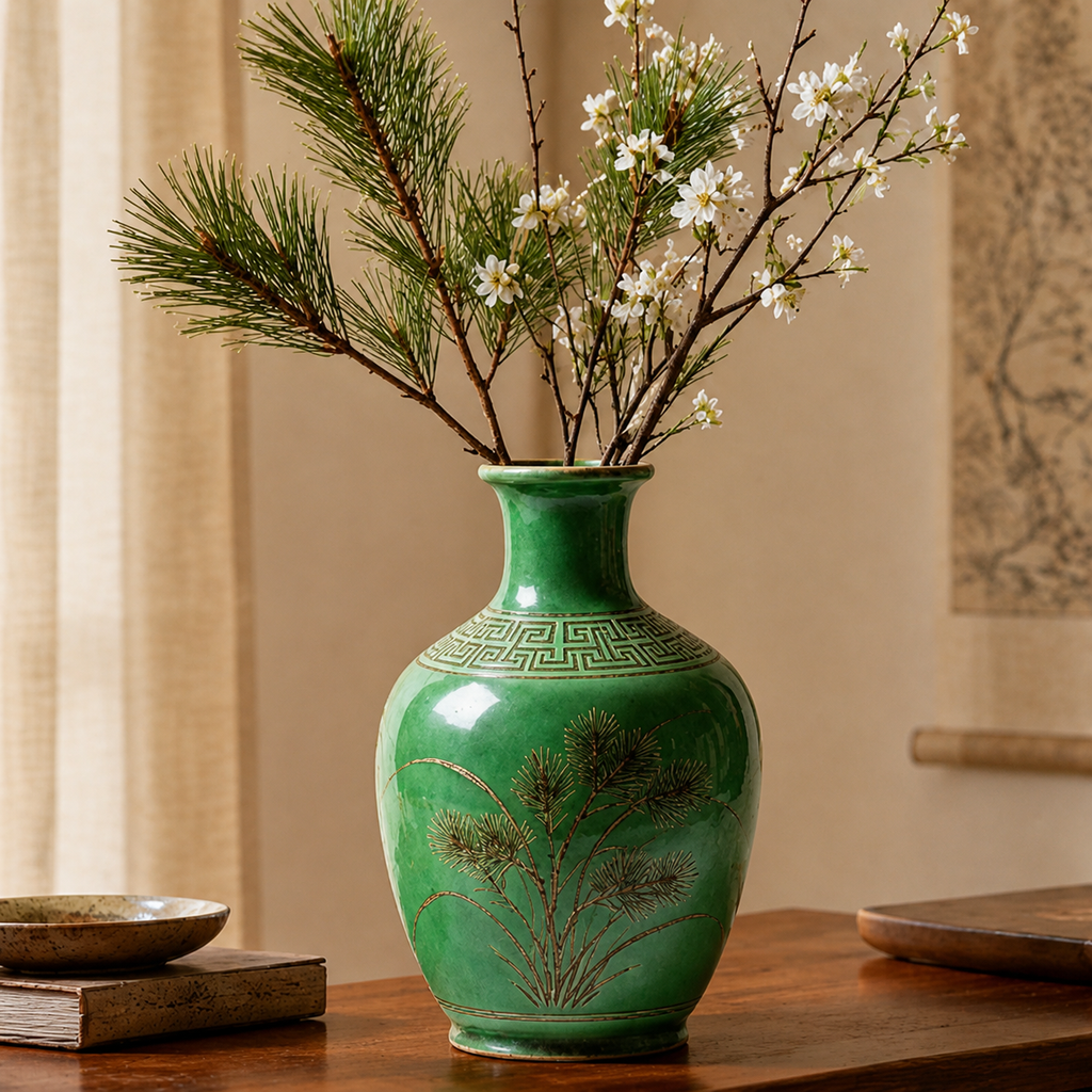 Jade Green Pine Ceramic Bottle Vase