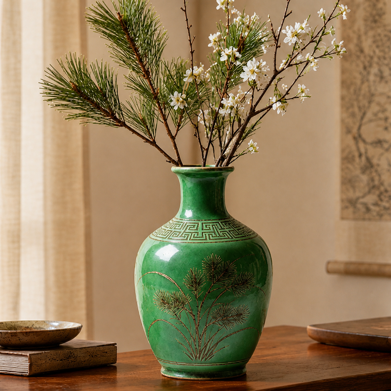Jade Green Pine Ceramic Bottle Vase