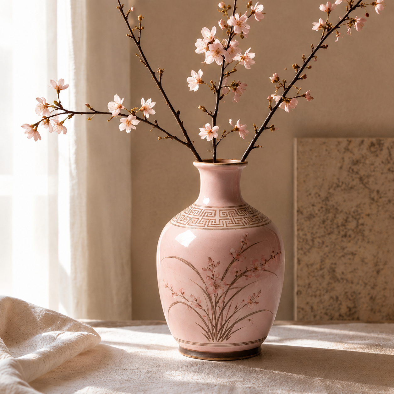Vintage Pink Orchid Ceramic Bottle Vase