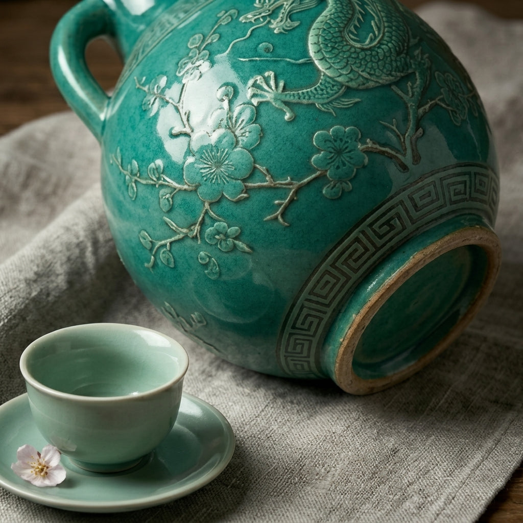 Emerald Dragon Relief Ceramic Amphora Vase