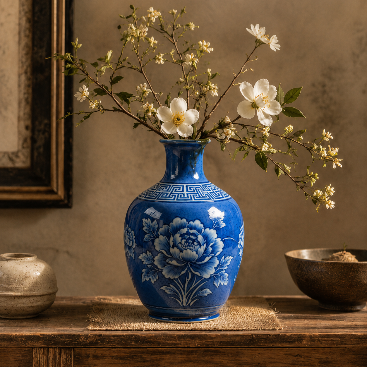 Cobalt Blue Peony Ceramic Bottle Vase