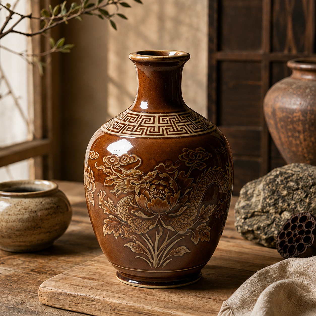 Chestnut Dragon and Peony Relief Ceramic Vase