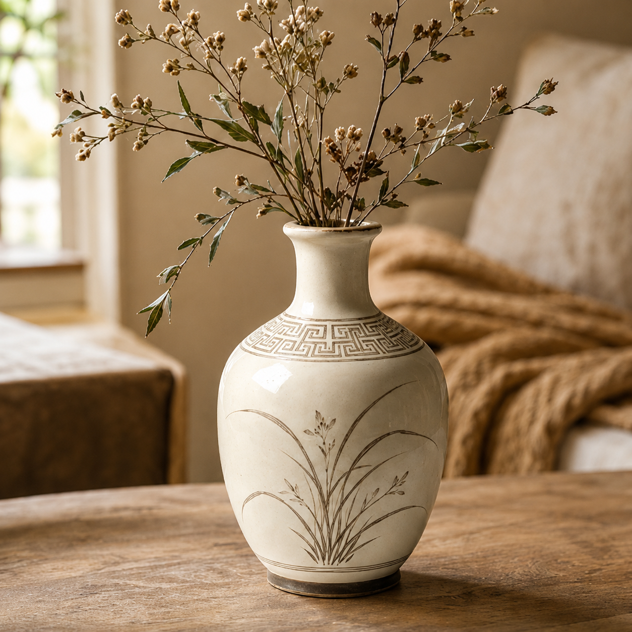 Ivory Sepia Orchid Ceramic Bottle Vase