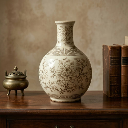 Sepia Chrysanthemum Ceramic Bottle Vase