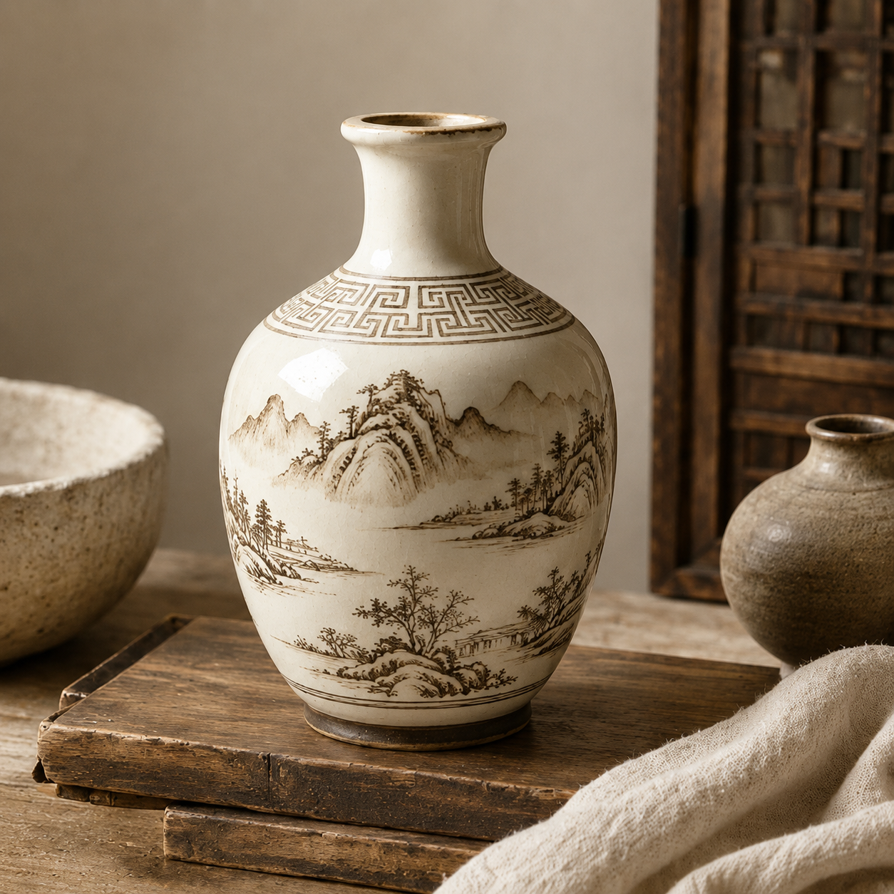 Vintage Sepia Landscape Ceramic Bottle Vase