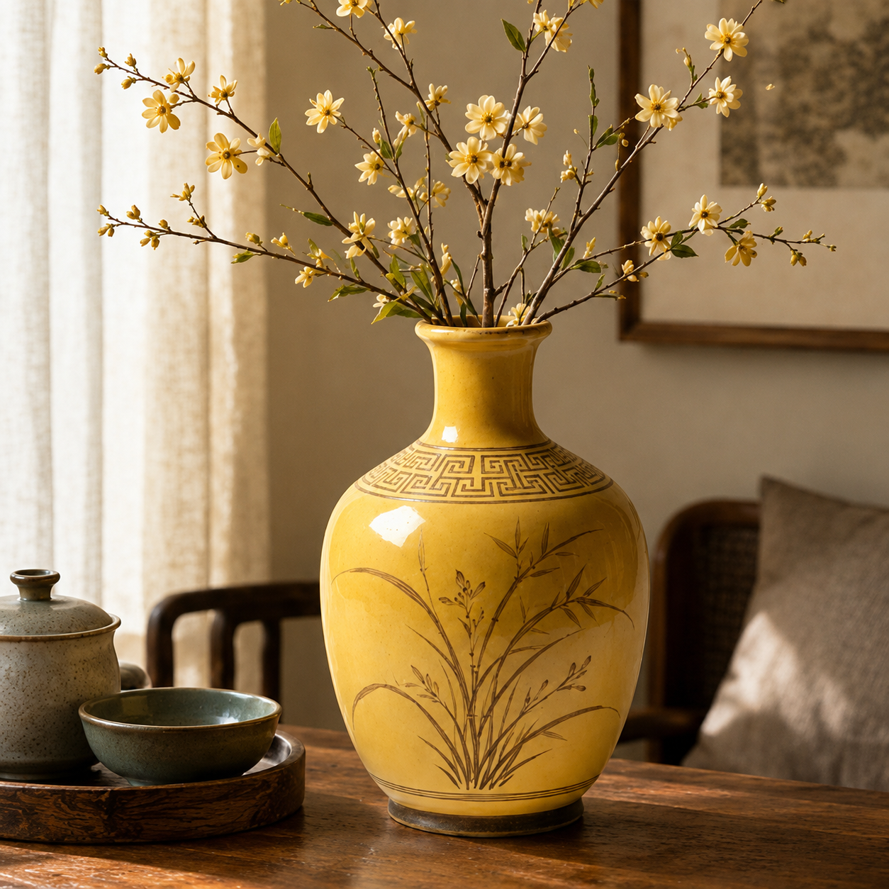 Mustard Yellow Botanical Ceramic Vase