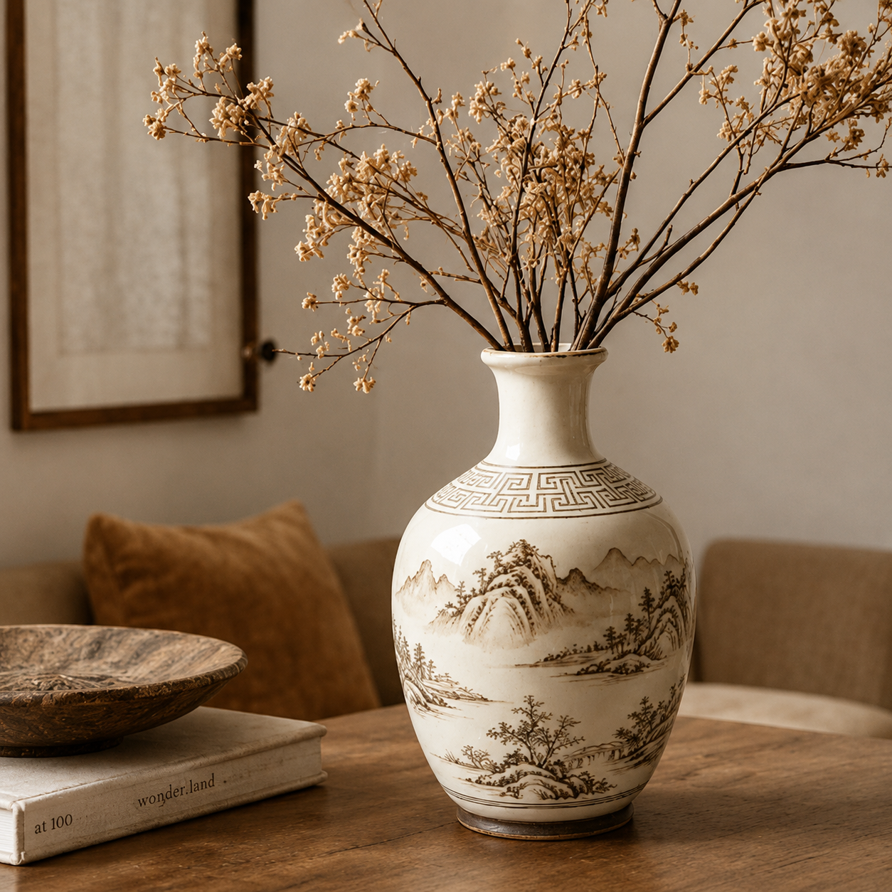 Vintage Sepia Landscape Ceramic Bottle Vase