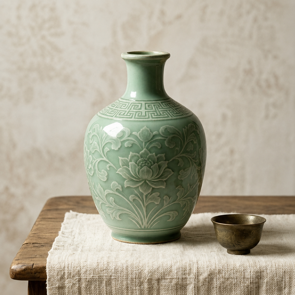 Vintage Celadon Lotus Relief Bottle Vase