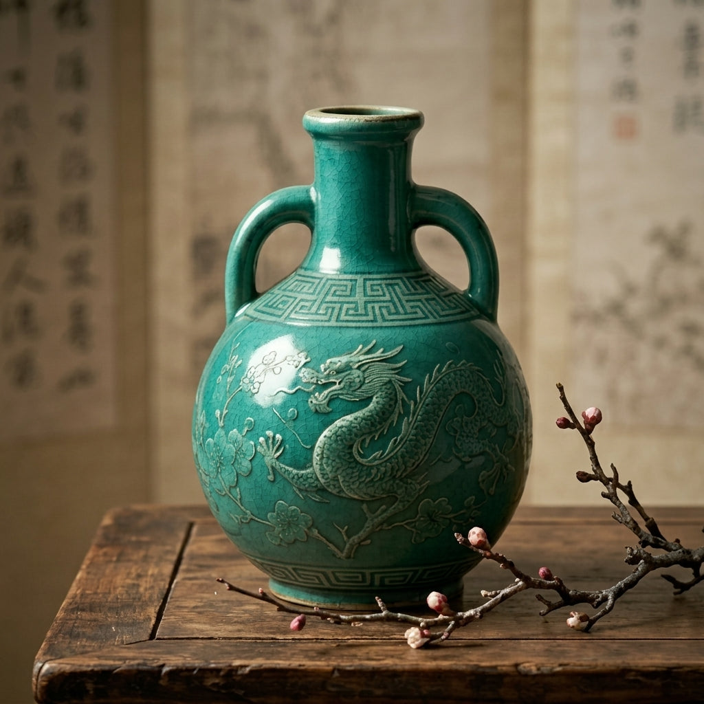 Emerald Dragon Relief Ceramic Amphora Vase