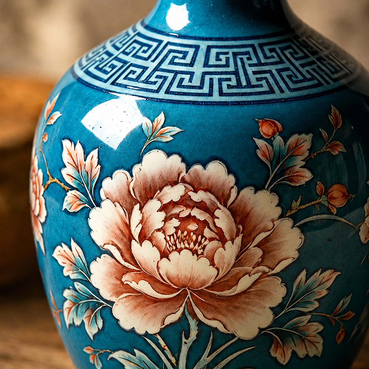 Cerulean Blue Peony Ceramic Bottle Vase