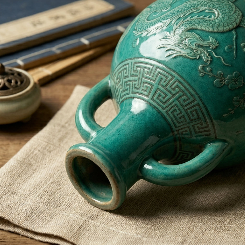 Emerald Dragon Relief Ceramic Amphora Vase