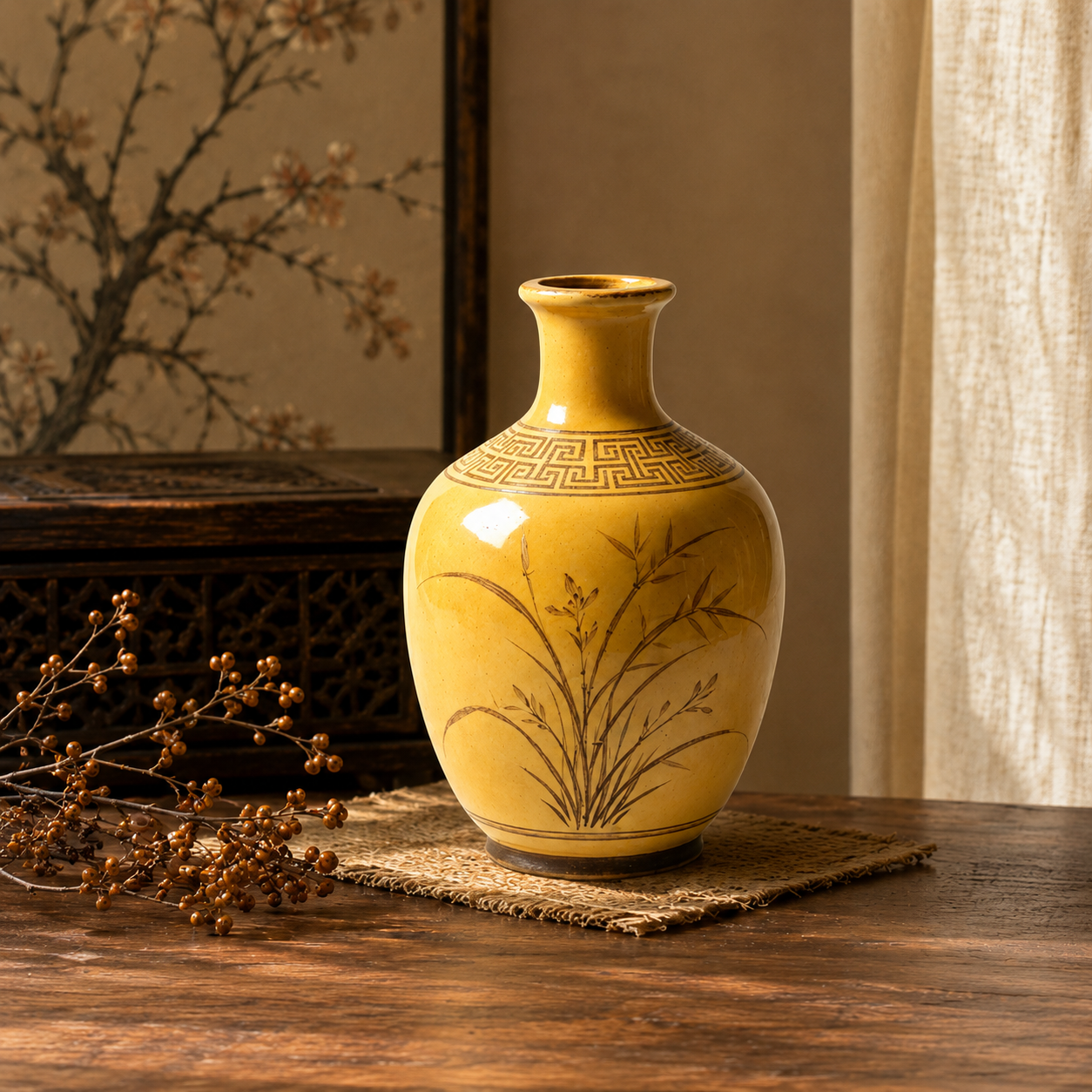 Mustard Yellow Botanical Ceramic Vase