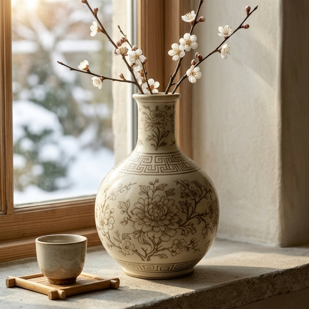 Sepia Chrysanthemum Ceramic Bottle Vase