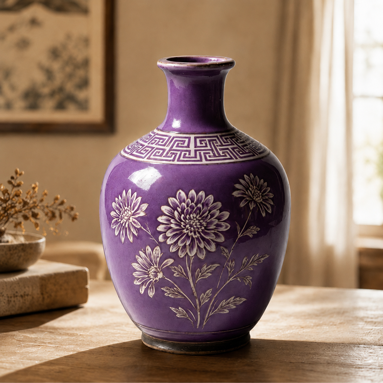 Amethyst Chrysanthemum Ceramic Bottle Vase