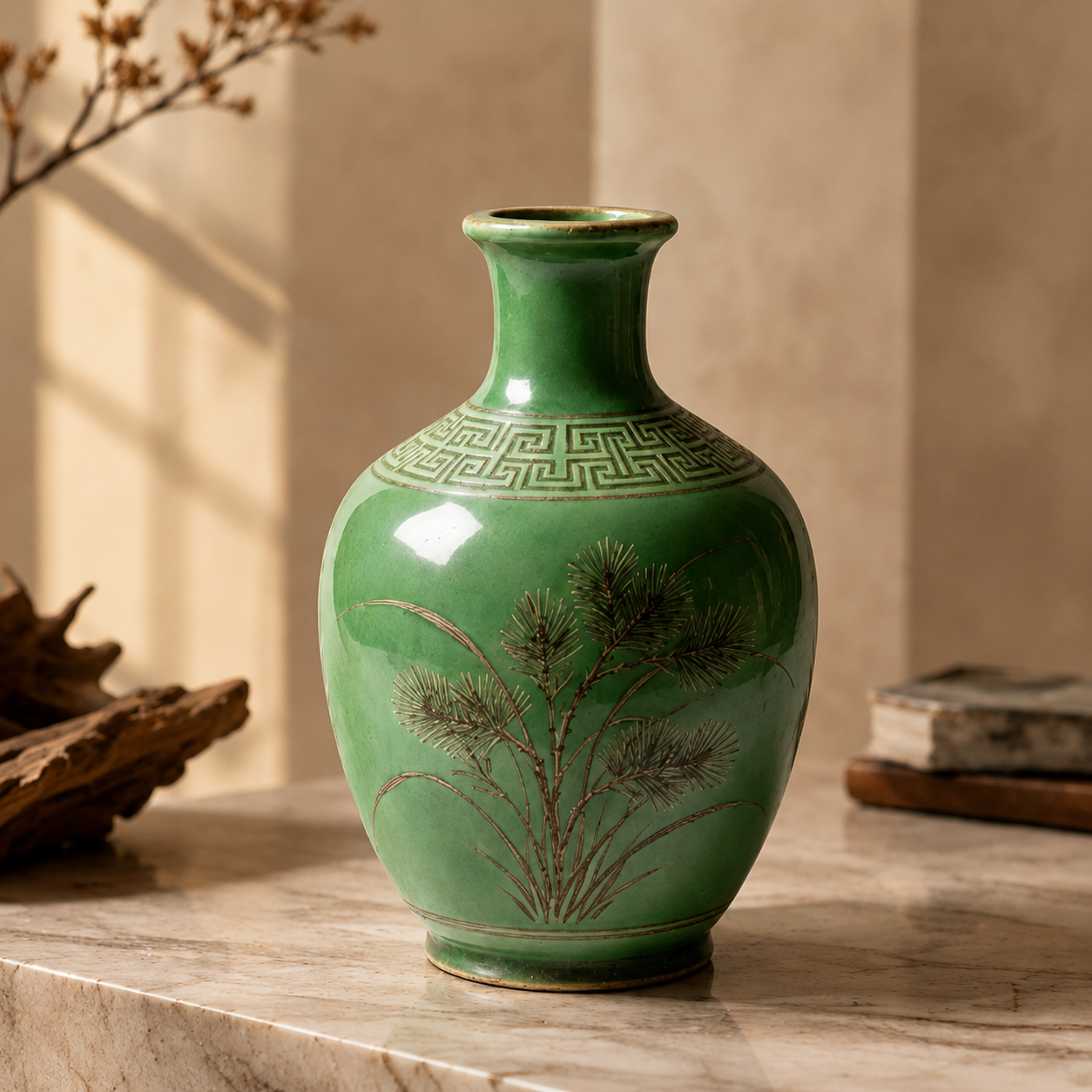 Jade Green Pine Ceramic Bottle Vase