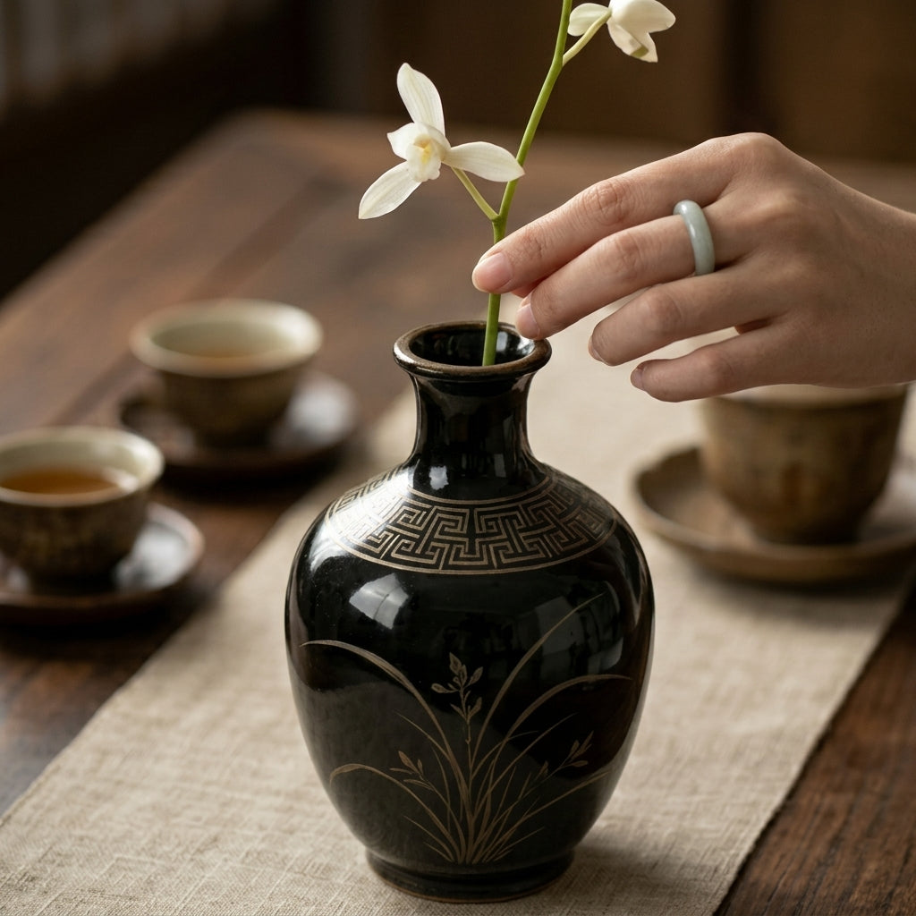 Obsidian Black Ceramic Orchid Vase