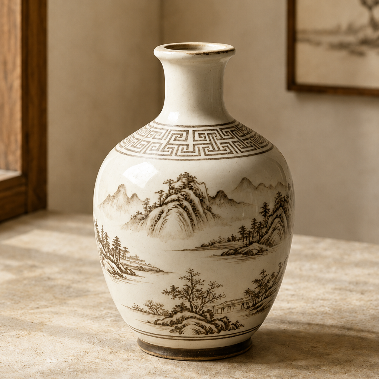 Vintage Sepia Landscape Ceramic Bottle Vase