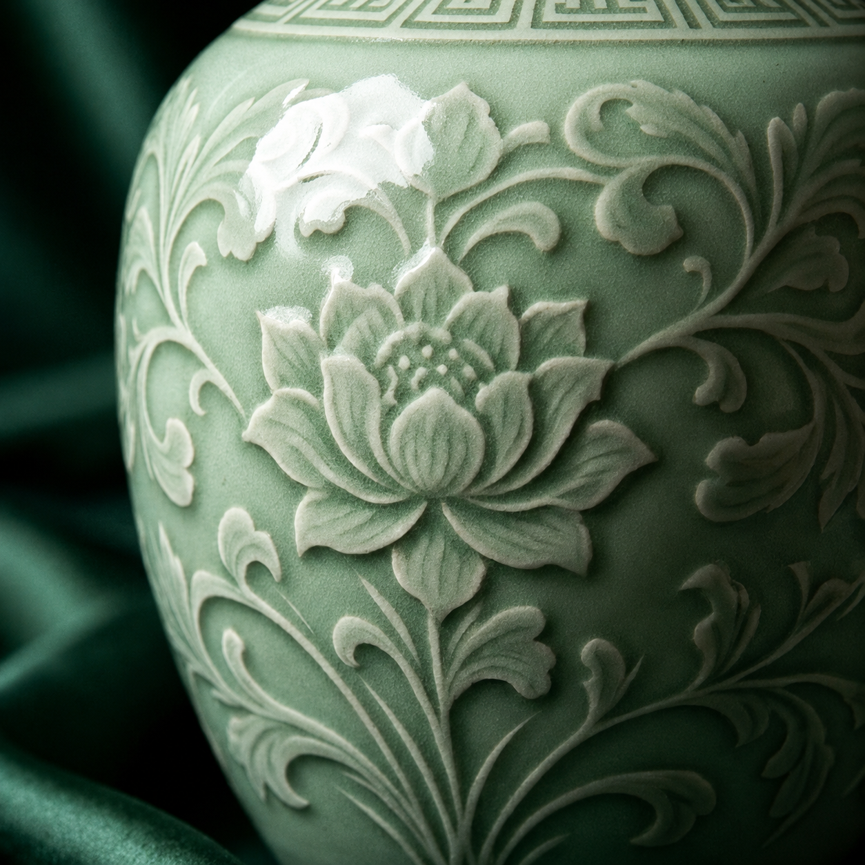 Vintage Celadon Lotus Relief Bottle Vase